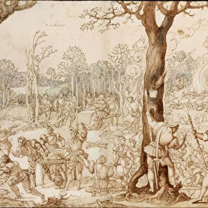 Jeux partages (Sharing Out the Game) (scene de banquet dans la foret, lors d une journee de chasse) - Oeuvre de Bernaert van Orley (1488-1541) (Barend, Barent, Bernard van Brussel), encre sur papier (37, 6x57, 7), 1525-1535 - Szepmuveszeti Muzeum