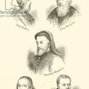 John Gower, John Wycliffe, Geoffrey Chaucer, Miles Coverdale, William Tyndale (engraving)