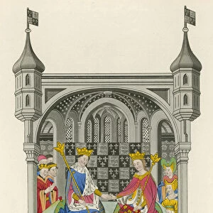 John Talbot, Earl of Shrewsbury, presenting his Book to Queen Margaret, illustration from Dresses and Decorations by Henry G. Bohn (colour litho)