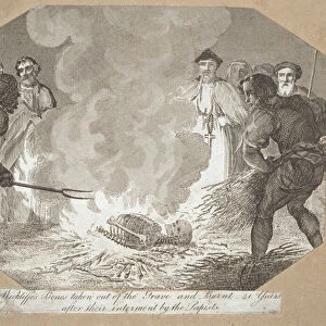 John Wycliffs bones dug up and burned 41 years after his death (engraving)