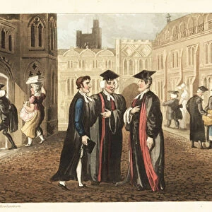 Johnny in robes talking with Dons at Oxford University, while other scholars and students buy corn from grocers and molest maids. Handcoloured copperplate engraving by Thomas Rowlandson from William Combes The History of Johnny Quae Genus