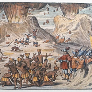The Journey of Cortes to Tenochtitlan in 1521 (coloured engraving)