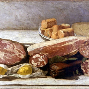The joy of color, still life of cold cuts. Painting by Giovanni Segantini (1858-1899)