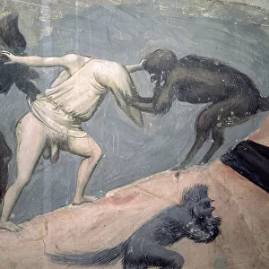 The Last Judgement: Hell, detail of one of the damned taken by two demons, c. 1303-05 (fresco)