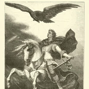 Julius Caesar on horseback with an imperial eagle above him (engraving)