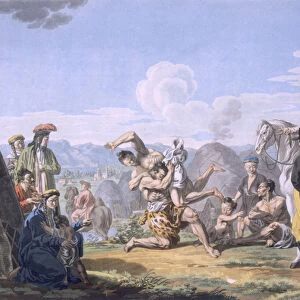 Kalmuks Wrestling, 1812-13 (coloured engraving)