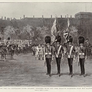 The King and the 3rd Battalion Scots Guards, Officers with the New Colours Marching Past His Majesty (engraving)