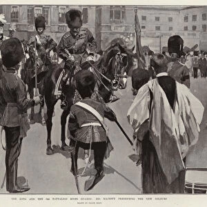 The King and the 3rd Battalion Scots Guards, His Majesty presenting the New Colours (engraving)