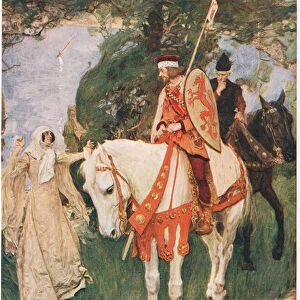 King Arthur is proffered sword Excalibur, illustration from King Arthur