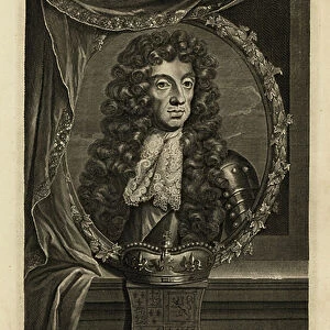 King Charles II of England, in armour and lace collar. With crown and coat of arms. Copperplate engraving by Pierre Drevet after Adriaen van der Werff from Isaac de Larrey's Histoire d'Angleterre, d'Ecosse et d'Irlande, Amsterdam