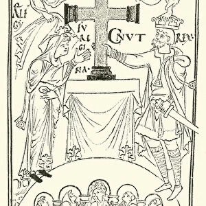 King Cnut and his Queen, Emma, Presenting a Cross upon the Altar of Newminster (Winchester) (engraving)