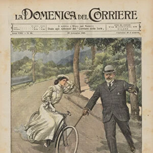 King Edward of England rescues a young cyclist in Marienbad (Bohemia) (colour litho)
