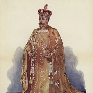 King Edward VII in his coronation robes, 1902 (colour litho)