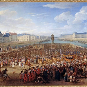 King Louis XIV (1638-1715) crossing the Pont Neuf in his carriage Painting by Adam Van