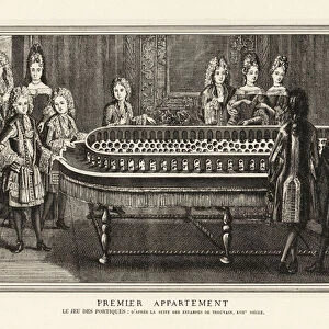 King Louis XIV and family playing bagatelle, Versailles, 1694. 1906 (lithograph)