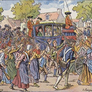 King Louis XVI and his family travelling from Versailles to Paris under the "protection"of the National Guards, 6 October 1789 (colour litho)