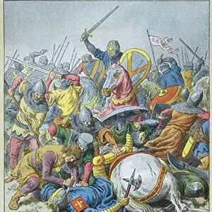 King Philip Auguste at the Battle of Bouvines in 1214 (engraving)