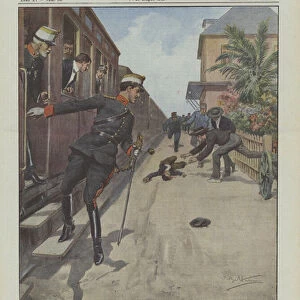 The King of Spain jumps from a train still in motion to rescue a child hit by the train itself (colour litho)