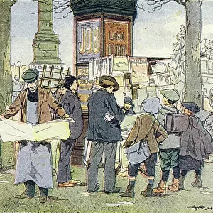The kiosk has newspapers, in Imagier de l'enfance, c. 1900 (engraving)