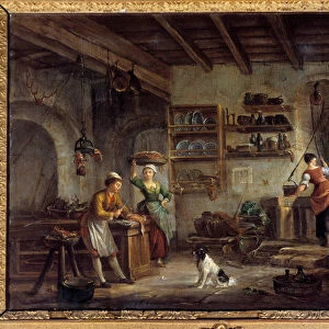 A kitchen interior Cooks and maids preparing their masters meals