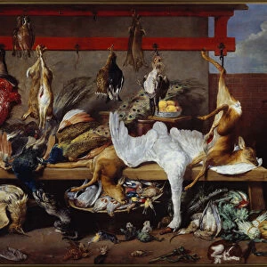 Kitchen table with game, fish and legumes Painting by Frans Snyders (1579-1657) 1630 Dim