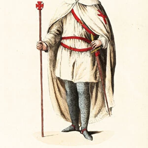 Knight of the Knights Templar in battle costume, Templier en costume de guerre. Handcoloured woodblock engraving after an illustration by Jacques Charles Bar from Abbot Tirons Histoire et Costumes des Ordres Religieux
