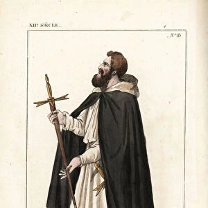 Knight Templar squire or servant brother, 12th century. He wears a black hooded cape over white tunic, and carries his knights sword. Handcoloured copperplate drawn and engraved by Leopold Massard from "