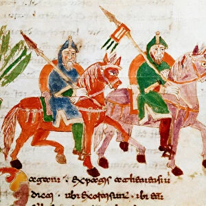 Knights with horses Miniature from the manuscript "De Universo"or "