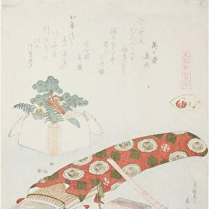 Koto and New Years Offering, illustration for The Akoya Beach Shell (Akoyagai), from the series, A Matching Game with Genroku-period Poem Shells, 1821 (colour woodblock print)