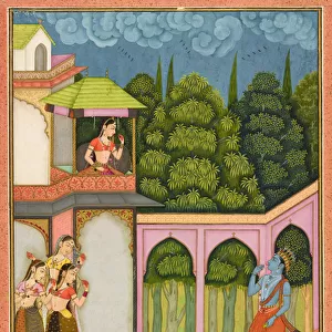 Krishna approaches Radha, folio from a "Rasikpriya", dated c. 1690 (opaque watercolor and gold on paper)