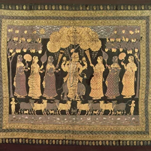 Krishna and his Gopis (opaque w / c, gold, and silver on dyed cotton)