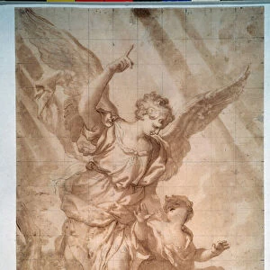 "L ange gardien"(Guardian angel) Dessin a la plume de Domenico Piola (1627-1703) Musee Pouchkine, Moscou