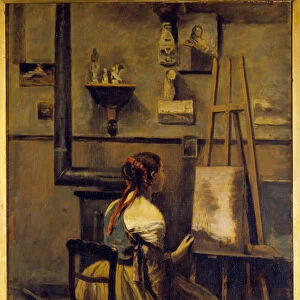 L atelier de Camille Corot, young woman sitting in front of an easel Painting by