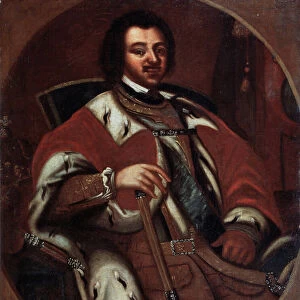 L empereur russe Pierre I (le Grand) (1672-1725) sur son trone (Emperor Peter I enthroned). Peinture anonyme. Huile sur toile, debut 18e siecle. State Art Museum, Yaroslavi (Russie)