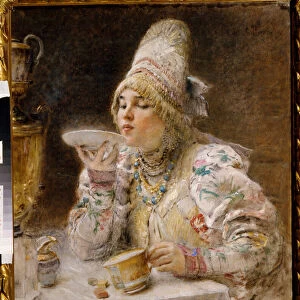L heure du the. (Une femme Boyard (boiard, boiar), en robe et coiffe traditionnelle du duche de Moscou, est attablee pres d un samovar et boit le the qu elle a verse dans la soucoupe de sa tasse)