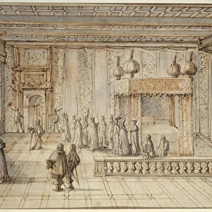 La chambre du roi Louis XIV (1638-1715) a Versailles. The Chamber of the King Louis XIV in Versailles. Dessin de Jean Le Pautre (1618-1682), 1654. Crayon et aquarelle sur papier. Art Baroque. Musee des Beaux Arts Pouchkine, Moscou