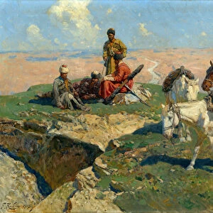 La halte des guerriers du Caucase - Peinture de Franz Roubaud (1856-1928), 1917 - Caucasian Riders at Rest - Oil on canvas by Franz Roubaud (1856-1928), 1917 - 59, 5x83 cm Private Collection