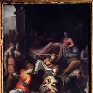 La naissance de Saint Jean Baptiste (The Nativity of John the Baptist). Peinture de Giovanni Battista Naldini (1537-1591). Huile sur toile. Dim : 89x74cm. Art florentin Maniersme. Musee Pouchkine, Moscou