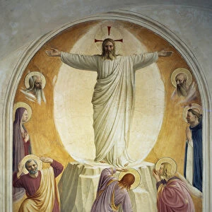 La transfiguration du Christ. Les visages de Moise et Elie sont representes en fond