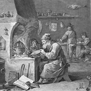 Laboratory of an alchemist, 18th or 19th century (engraving)