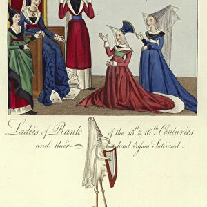 Ladies of rank of the 15th and 16th Centuries (coloured engraving)
