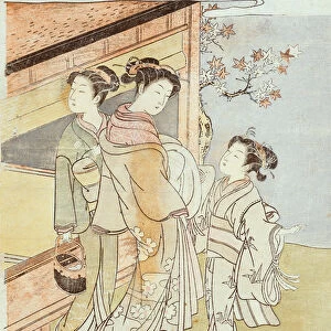 A Lady and Her Attendant Meet a Messenger (woodblock print)