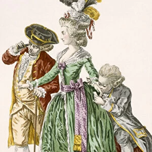 Lady of the court surrounded by male servants, engraved by Petisoier, plate no