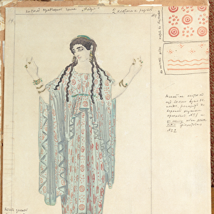 Lady-in-waiting, costume design for Hippolytus by Euripides (w / c, ink