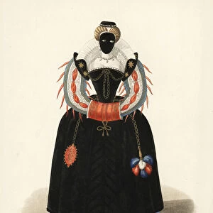 Lady in mask at a ball, reign of King Henry III of France, 1573-1575. She wears a hat decorated with pearls, a full-face black mask, black velvet brocade dress with corset and vertugadin or farthingale, high lace collar