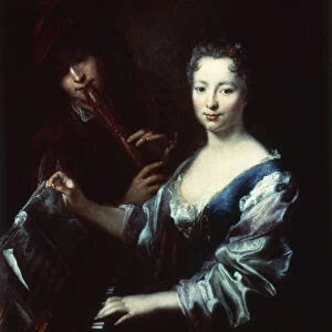 Lady playing a spinet and a flautist (oil on canvas)