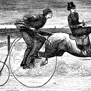 Lady using a Penny Farthing Bicycle as the man gallops by on a horse. 1876 (engraving)