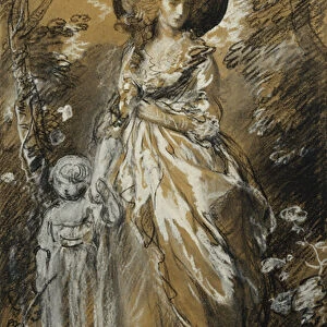 A Lady Walking in a Garden, standing full length and Holding her Small Child by the Hand