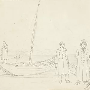 Lakeside scene with seven figures, 1825 (graphite on paper)