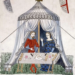 Lancelot and Guineevre eating under a tent, extracted from "Lancelot du lac"